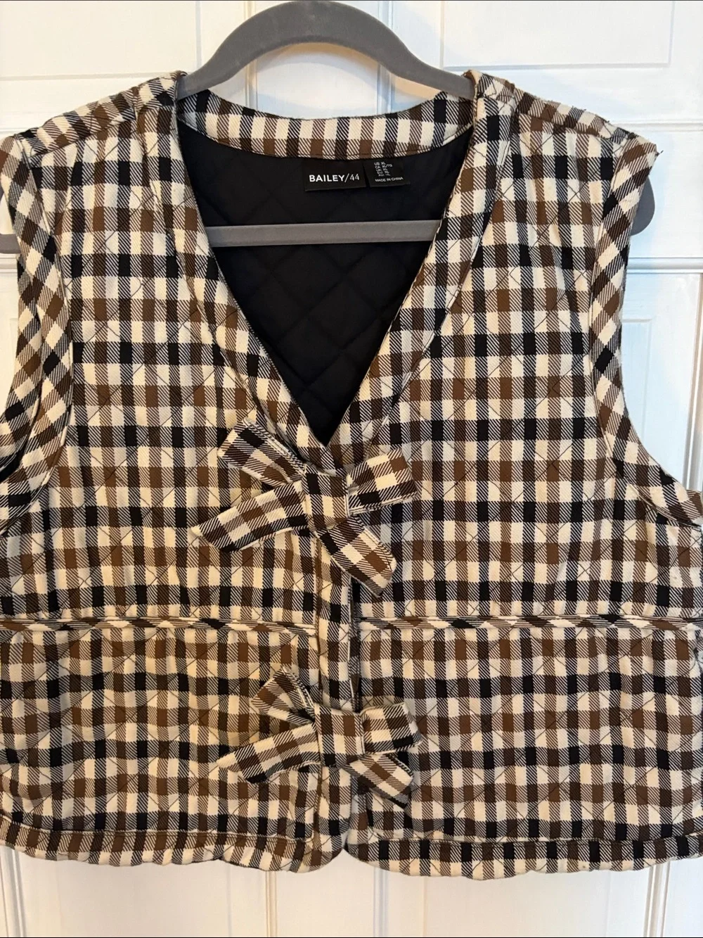 Bailey / 44 Black and Brown Plaid Sleeveless quilted Vest with Bow Detail xl bn